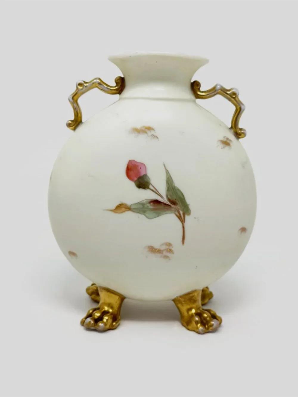 Antique Rudolstadt Porcelain Footed Flask Vase - Hand-Painted Pink Floral & Gilt